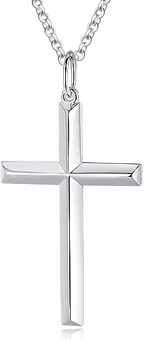 FANCIME Solide 925 Sterling Silber mit Weiß Vergoldet Kreuz Anhänger mit Silber Kette für Herren Jungs Kinder - Kettenlänge: 60 cm