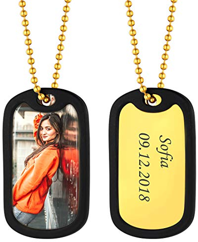 U7 18k vergoldet Foto Kette mit Namen Texte Gravur personalisiert Dog Tag Erkennungsmarke mit schwarzem Silikon-Rahmen 60cm Kugelkette Modeschmuck für Valentinstag Weihnachten
