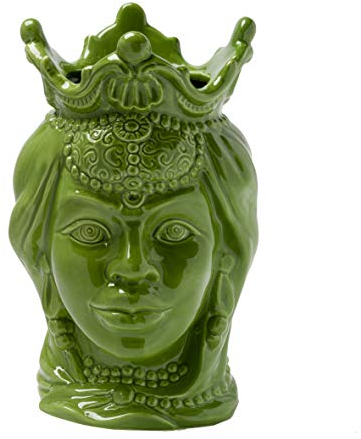 Baroni Home Testa di Moro in Ceramica in Stile Siciliano Dipinto a Mano, Vaso Monocromatico per piante da Interno, Soprammobile di design, Stile Italiano, Regina Verde, 15x15x24 cm