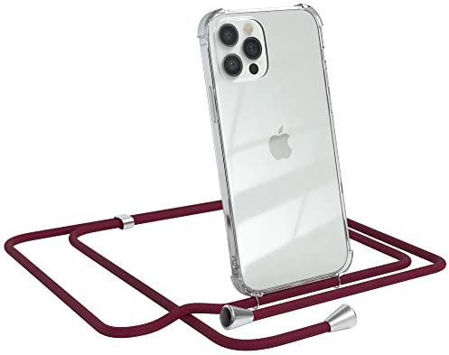 EAZY CASE Handykette kompatibel mit iPhone 12/12 Pro Handyhülle mit Umhängeband, Handykordel mit Schutzhülle, Silikonhülle, Hülle mit Band, Stylische Kette für Smartphones, Burgunder Rot