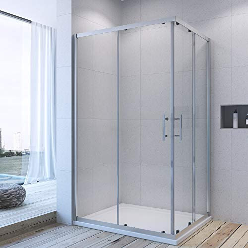 Duschkabine Eckeinstieg 80x90 x 185 cm Schiebetür Glas Eckdusche Duschabtrennung Duschtrennwand Glaswand Duschwand Doppel Duschtür Alumuniumprofile silber matt ESG Sicherheitsglas Echtglas AQUABATOS