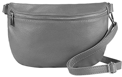 ITALYSHOP24-COM OBC Made in Italy Damen Leder Tasche Gürteltasche Crossbody Hüfttasche Bauchtasche Umhängetasche Cross-Over Bodybag Schultertasche Handytasche Grau