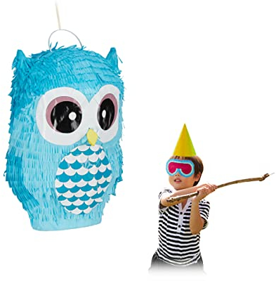 Relaxdays 2 x Pinata Eule, niedliche Tierpinata zum selbst Befüllen, Geburtstag, zum Aufhängen, Schlagpinata für Kinder, blau