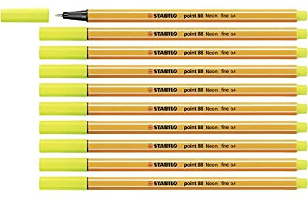 STABILO Point 88-0.4mm Fineliner - Box of 10 Pens - Neon Yellow