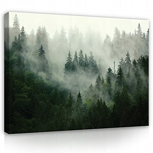 WallArena - Leinwand Bilder - Wald Nebel Grün Natur - 60x40 cm Leinwandbilder - Bild auf leinwand - Wandbild XXL groß Wandbilder für Wohnzimmer Schlafzimmer Wohnzimmerbilder Modern