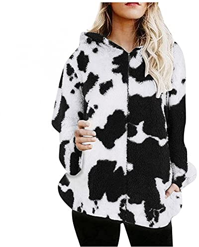 Kanpola Plüschjacke Damen mit Kapuze Warm Winterjacke Niedlich Kühe Drucken Jacken Teddy Wolljacke Herbst Winter Langarm Pullover Reißverschluss Mantel Outwear mit Tasche