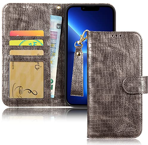 Jenuos für iPhone 13 Pro Max Hülle Leder, iPhone 13 Pro Max Handyhülle,Premium PU RFID Blocking Lederhülle Handytasche Wallet Case Klappbar Schutzhülle Flip Cover -Silber(13PM-XE-SR)