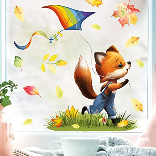Wandtattoo Loft Fensterbild Herbst mit Fuchs und Drachen Motiv, A3 Bogen, Herbstdeko Fenster Kinderzimmer, Herbstbilder Fenster, Fensterbild Herbst Kinder, Herbstblätter Fenster, Fensterfolie Herbst