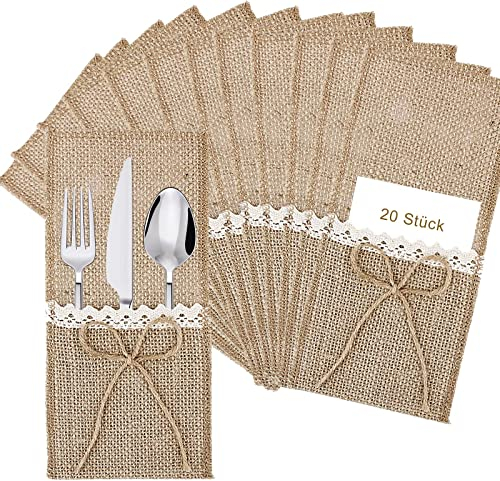 Cosswe Jute Bestecktasche, 20 Stück Bestecktaschen Jute mit Spitze Besteckbeutel Besteckhalter Utensilienhalter aus Sackleinen Vintage Tischdeko für Hochzeit Geburtstag Party Weihnachten