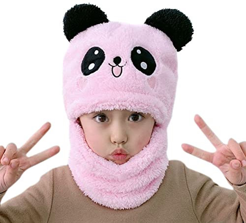 ISAKEN Baby Wintermütze Schalmütze Plüsch Ohrenklappen Hüte Winter Warme Kapuzen Schal Beanies Hüte Niedlich Panda Schlupfmütze Earflap Hut Halswärmer Nettes Ohr Plüsch Beanie Hut für Jungen Mädchen