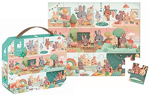 Janod - Kinderpuzzle Ein Tag 24 Teile - Lernspielzeug Feinmotorik und Konzentration - Koffer mit Griff - FSC-zertifiziert - Ab 3 Jahren, J02601