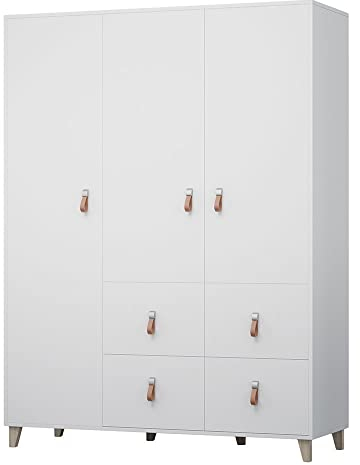 mb-moebel Kleiderschrank Drehtürenschrank mit Schubladen Weiß Falttürenschrank 3-türig Schrank mit Einlegeböden und Kleiderstange Garderobe - Kinderzimmer, Schlafzimmer FAGO3D4S