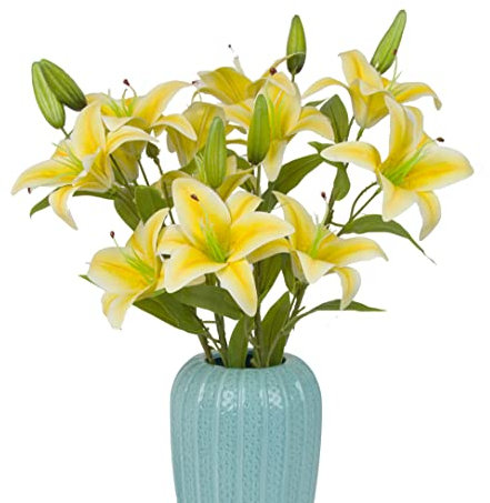 cn-Knight Künstliche Lilien-Blumen, 58,4 cm langer Stiel, Tigerlilienzweig mit 2 vollen Blüten und 1 Knospe, Latex-Lilien-Blume für Heimdekoration, Tafelaufsatz, Hochzeitsstrauß, Gelb, 6 Stück