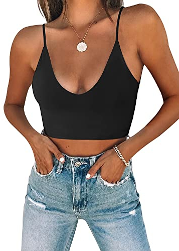 REORIA Damen Sommer Sexy U-Ausschnitt Ärmellos Cropped Cami Camisoles Grundlegende Passform Verstellbare Spaghettiträger Nahtloses Yoga Tank Top Niedliche Crop Tops für Teenager Schwarz Medium