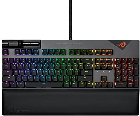 ASUS Rog Strix Flare II Mechanische Gaming-Tastatur (8000 Hz, austauschbare mechanische Switches Rog Nx Red, Pbt-Tasten, Multimedia-Steuerung und abnehmbare Handgelenkstütze), QWERTY Spanisch, Schwarz