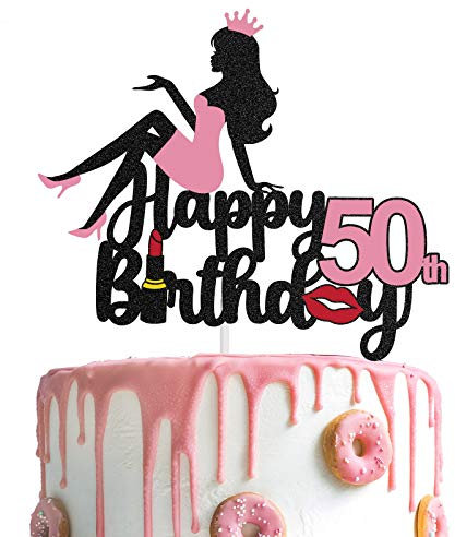 LINGTEER Kuchendekoration aus dickem Papier mit Aufschrift Happy 50th Birthday, Cheers to 50th Years Old fifty Bday, Party-Kuchendekoration, Rosa