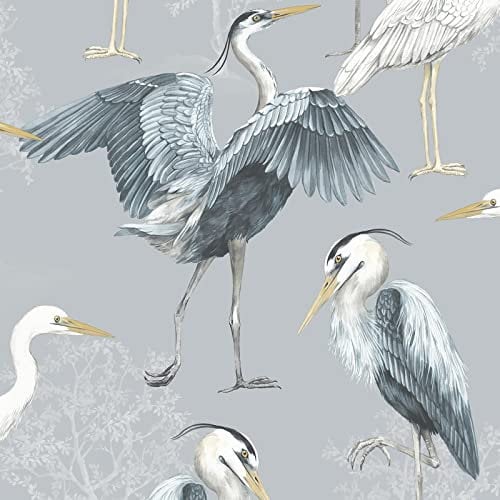 Dimension Heron Wallpaper - Modern Wallpaper for Living Room, Bedroom, Fireplace - Decorative Luxury Nature Wall Paper with Hand-Drawn Herons & Trees (White/Grey/Blue)