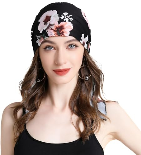 ZLYC Damen Chemo Turban Mütze Vorgebundenes Kopftuch Headwraps Leichte Hut(Geblümt Schwarz)