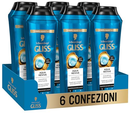 Schwarzkopf Gliss Aqua Revive Shampoo Idratante, 6 confezioni da 250ml, Shampoo idratante arricchito con Complesso Ialuronico e Alga Marina, Prodotti per capelli da normali a secchi