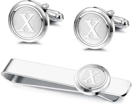 Kakonia 2Pcs Bouton de Manchette Pince à Cravate Homme Bouton de Manchette Pince à Cravate Personnalisée Noire Skinny Argent pour Mariage Affaires La fête 26 Lettres X