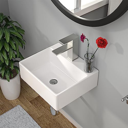 Kichae - Fregadero de pared pequeño para baño, rectangular, 13 x 11 pulgadas, moderno, porcelana, cerámica, con agujero para grifo