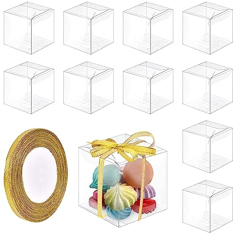 SXCCNW Transparente Geschenkbox, 50 Stück Geschenkbox Durchsichtig, PVC Faltbar Kleine Süßigkeiten Box Gastgeschenk für Hochzeiten, Partys, Geburtstage