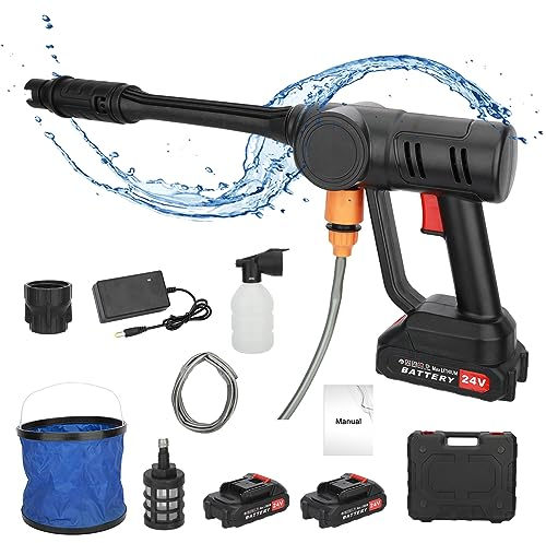 Cordless Pressure Washer Gun Upgraded New Adjustable Nozzle 2 21V Batteries 1 Charger with Bucket Water Pipe 180w Washing Metal High Pressure Jet Water Wash Cleaner for Patio Cleaning and Car Washing