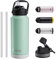 Exllena Edelstahl Trinkflasche, 1L Isolierte Wasserflasche mit Strohhalm, Thermosflasche mit 2 Deckeln für Sport, Fitness, Outdoor und Freizeit, Auslaufsicher und BPA Frei (Salbeigrün)