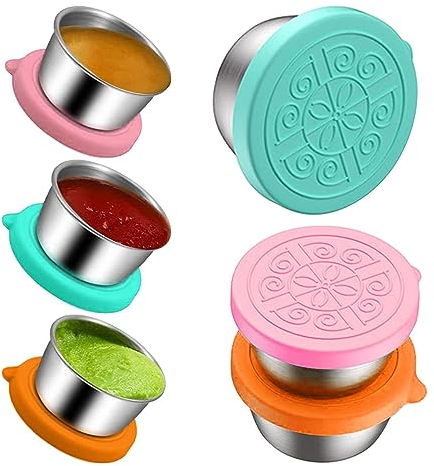 Recipiente para salsas, 3 recipientes para aderezos para ensaladas, 50 ml, pequeño recipiente de acero inoxidable para especias con tapa de silicona, reutilizable, a prueba de fugas, mini taza para