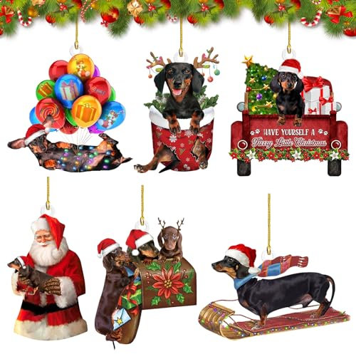Weihnachtsbaumschmuck, 6 Stücke Dackel Christmas Decorations, Personalisierter Weihnachten Deko Acryl Dackel Deko, Weihnachtsdeko Lustig Hängende Dekoration, Rucksack Hängende Home Deko Weihnachtsbaum
