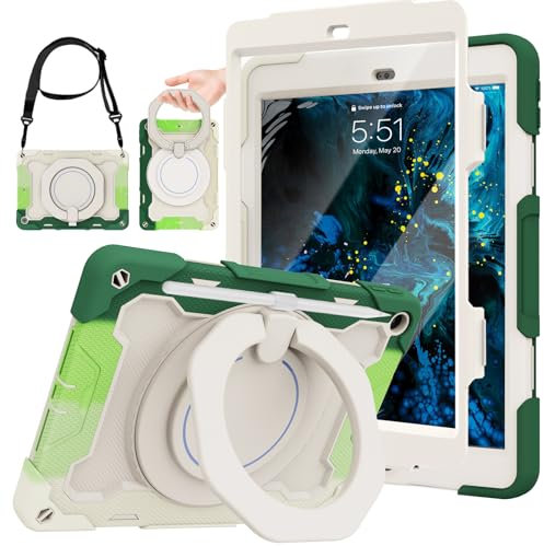 Ceysin Case for iPad Case 10.2 inch Shockproof iPad 9th Generation (2021) / 8th Generation (2020) / 7th Gen (2019) - Rotating Cover with Screen Protector Shoulder Strap Pencil Holder, Polychrome Green