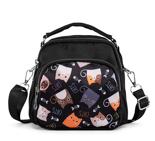 LaRechor Kleine Umhängetasche Handtasche Schultertasche für Damen Tote Tasche Mini Rucksack Nylon Frauentasche (Katzen Motiv)
