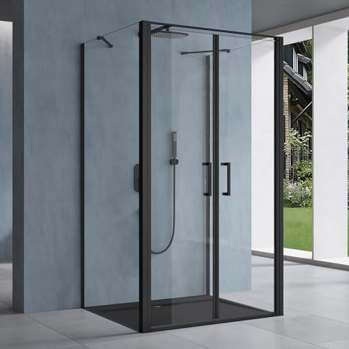 doporro U-Form Duschkabine 80x90cm Duschabtrennung ESG-Sicherheitsglas | Zwei Drehtüren | Klarglas mit Nano-Beschichtung | Aluminiumrahmen in Schwarz | Ravenna66UK