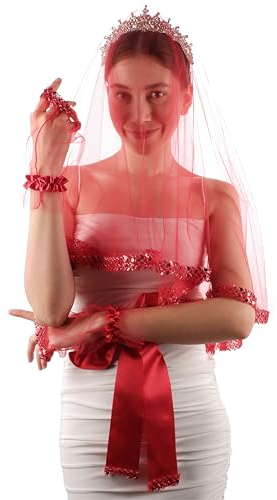 Brautschleier, Brautschleier mit Perlen, Pailletten, Kostüm für Hochzeit, Henna-Nacht, Rot/Ausflug, einfarbig (Getaway Solids), Standard