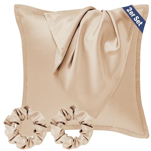 Seiwohl Satin Kissenbezug 80x80 2er Set, Weich wie Seidenkissenbezug Silk Pillowcase, Vegane Seide Kopfkissenbezug Kissenhülle Seidenkopfkissen für Haar und Haut mit Haargummis, Champagner
