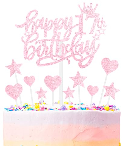 mciskin Happy 17th Birthday Cake Toppers - Pink Heart Stars for Cupcakes & Cakes, Personalised Birthday Gift for Women & Girls