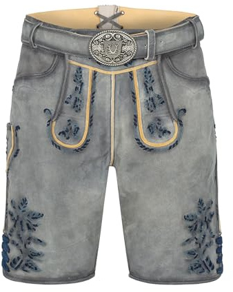 Krüger Herren Trachten Lederhose kurz, Modell: Larry mit Gürtel, Knielang, braun und grau, Art.-Nr. 961567-0-0448, 56,