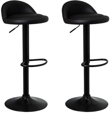 LOLAhome Set de 2 Taburetes de Cocina Giratorios en 360°, Juego de Sillas de Bar Regulables en Altura de 72 a 92 cm, con Respaldo de Polipiel, Estructura Metal Negra y Reposapiés, Negros