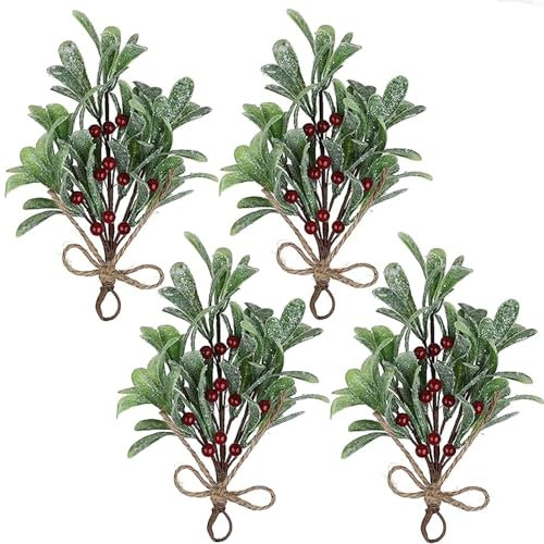 HERZONE 4stk Künstliche Mistelzweige Zum Aufhängen Weihnachts-Misteldekoration mit Roten Beeren, Künstliche Mistelblumenstiele, Hängende Mistelverzierung (rot grün 4pcs)