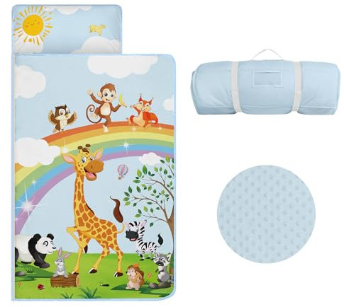 Schlafsack Kinder mit Kopfkissen Reißverschluss, Faltbare Kinderschlafsack mit Kissen Abnehmbar für Mädchen Jungen, Leicht Reinigen Schlafsack für Outdoor Indoor Camping, 150×60cm (Regenbogen-Tiere)