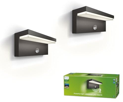 Philips LED Bustan ultra effiziente Außenwandleuchte 9W mit Bewegungssensor, 2700K warmweißes Licht, Anthrazit, IP44 wetterfest, Doppelpack