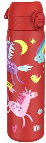 Ion8 Lightweight Steel Water Bottle, 600 ml/20 oz, Non-Insulated, Leak Proof, Easy to Open, Secure Lock, Dishwasher Safe, Flip Cover, Fits Cup Holders, Carry Handle, Metal Water Bottle, Red Unicorns