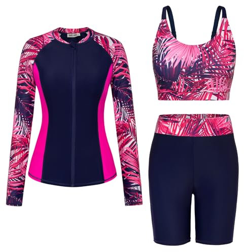 GRACE KARIN Women Rashguard Swimsuits Built-in Bra Swim Tops Sun Protective Bathing Suits with High Rise Pants Rose Red Black XL