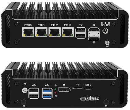 CWWK N305 Mini PC Fanless, Firewall Appliance Mini Computer mit 4 x 2.5GbE i226-V LAN, F3 OPNsense Micro PC DDR5 8GB RAM 128GB NVMe SSD, TF, 2 x HD+DP+USB-C 4K Display, AES-NI