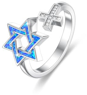 ABIGY Davidstern Ring 925 Sterling Silber Davidstern Opal Ringe Verstellbarer Ringe Kreuz Ring für Damen