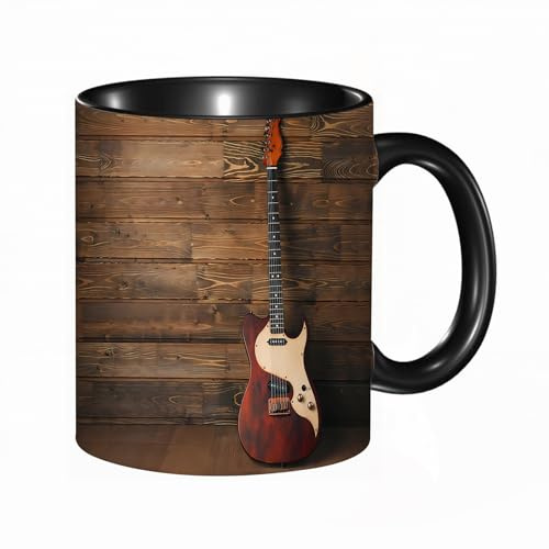 HRRASFAZF Tasse à Café | Tasse Céramique Fine | Cadeau Original | 330ml | Mug avec Anse | Cadeau Original pour Homme et Femme | Guitare électrique sur fond de bois