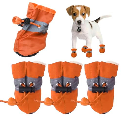 NHQZ Scarpe Antiscivolo Cane Arancioni, 4 Paia, Small/Medium, Tessuto, Coulisse, Protezione Neve e Scivoloso, Per Cani Piccoli e Medi