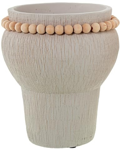 DRW Macetero de Ceramica con Bolas de Madera en Blanco 21x21x24cm