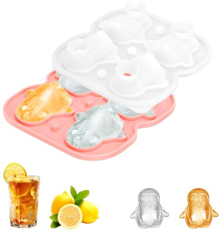 Eiswürfelform Silikon, 4 Niedliche 3D Pinguin Eiswürfelformen, Eiswürfeln mit Deckel, Eiswürfelschalen einfach Herauszunehmen, für Eis, Whiskey, Cocktail, Saft, Pinguin Pink