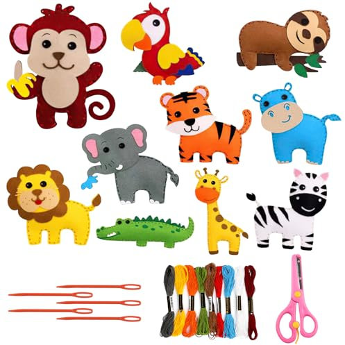 10 Stück Nähset Kinder, DIY Nähset Kinder Tierformen, Filztiere Nähspass, Tierformen Filz Bastelset, Filztiere Nähen Set Ab 6 Jahre, Tiere Nähen Bastelset, mit Schere, Faden, Kids Sewing Kit für DIY
